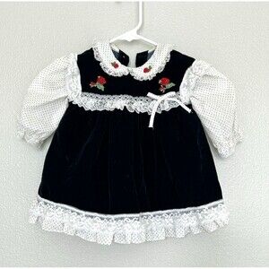 VIntage Navy Blue Velvet Baby Girl Dress Lace Roses 18 Months Holidays USA 90's
